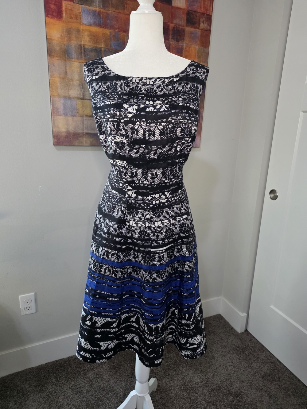 Black and Blue Lace Fit-and-Flare Dress